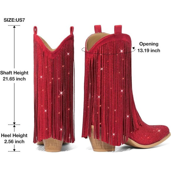 NWT Women’s Cowgirl Boots Rhinestone Fringe Sparkly Western Red Chunky Heel - Picture 6 of 10